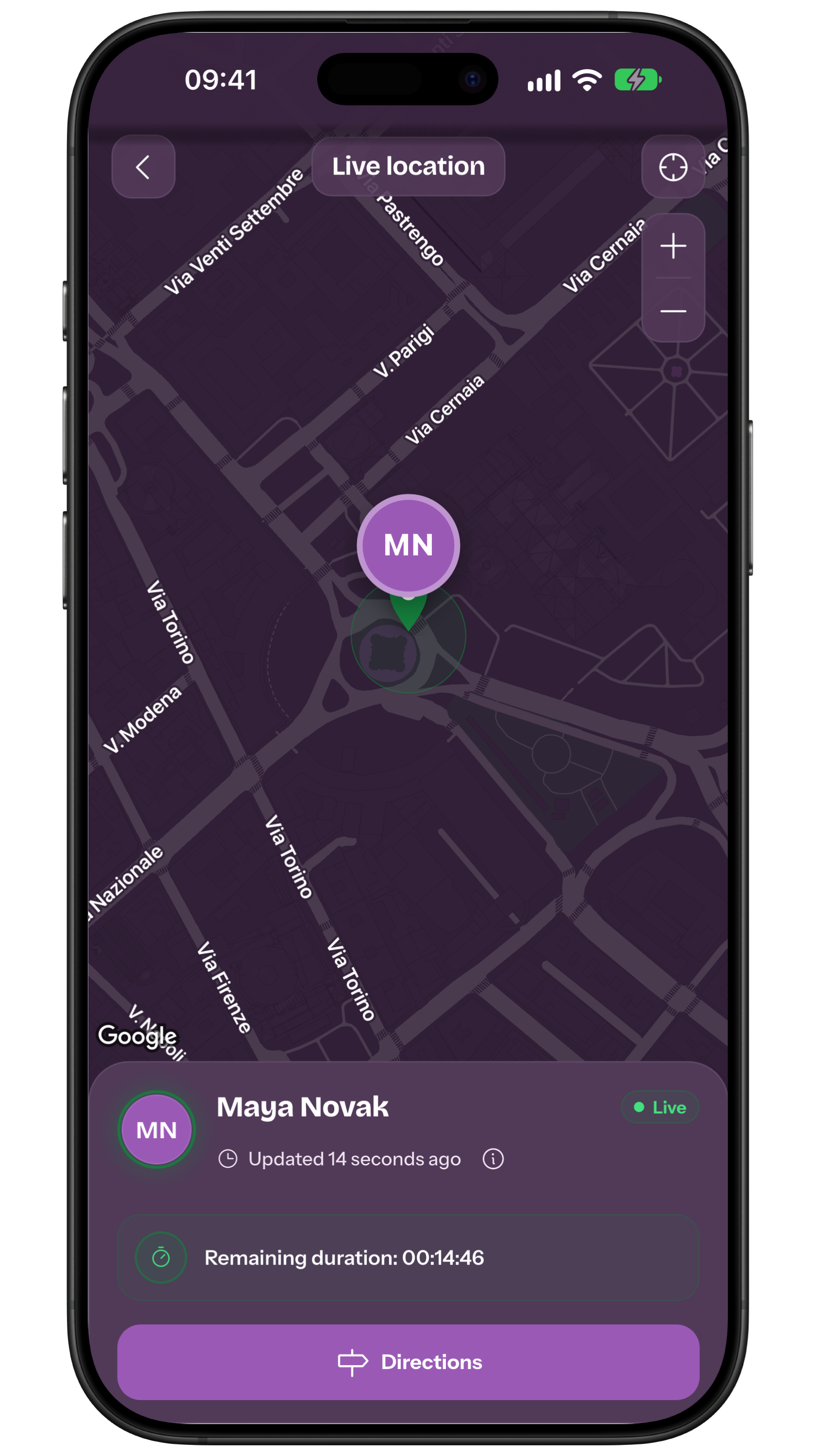 Live location map with update time and details