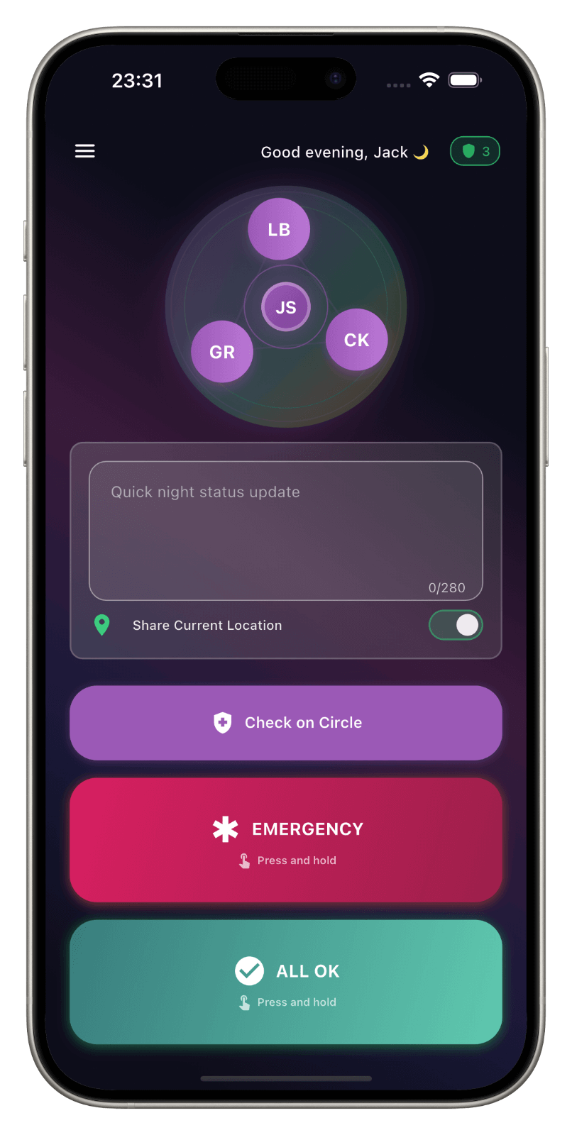 Home: dashboard principale con azioni rapide
