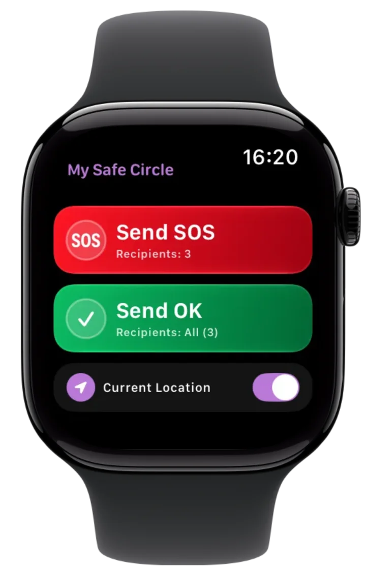 My Safe Circle on Apple Watch with SOS and All OK buttons